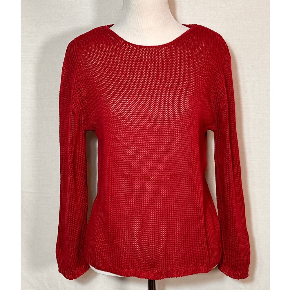 J. Jill Red Mercerized Cotton Open Knit Mesh Long Sleeve Sweater L 63-3200